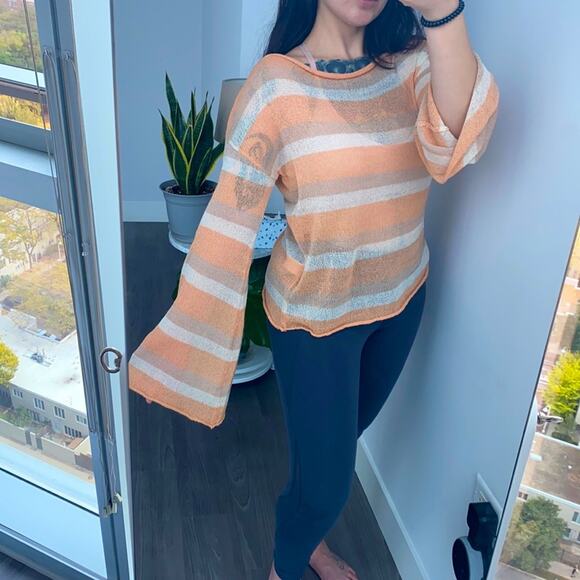 *5/$25* Callahan Extra Small Orange White Stripe Knit Sheer Bell-Sleeve Blouse - Picture 1 of 8